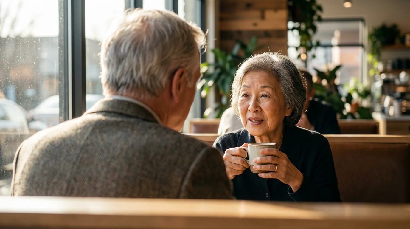 Two diverse seniors having a supportive and warm conversation in a sunlit modern cafe.