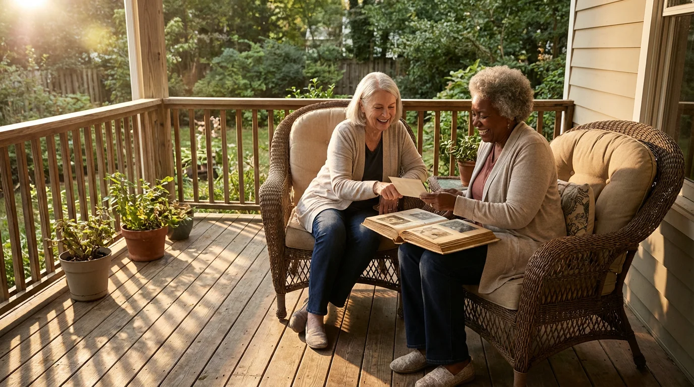 Two senior female friends smile while looking at a photo album on a porch.