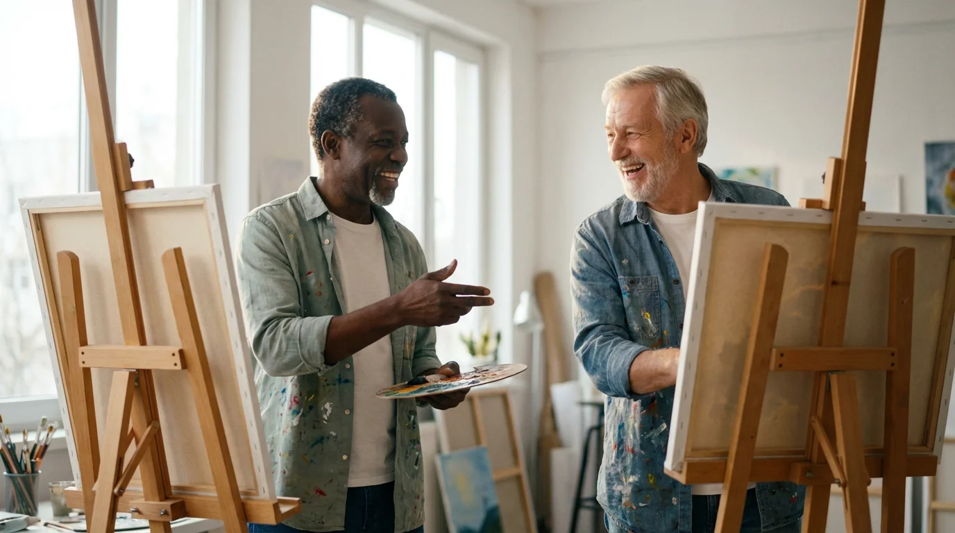 Two senior male friends smiling and painting together in a sunlit modern art studio.