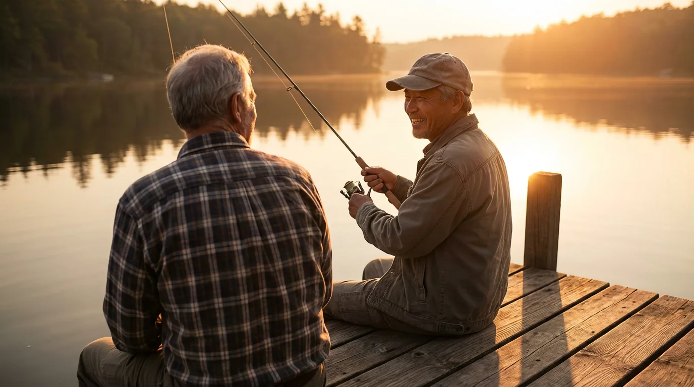 Two senior men, friends, fishing together from a wooden dock during a golden sunset.