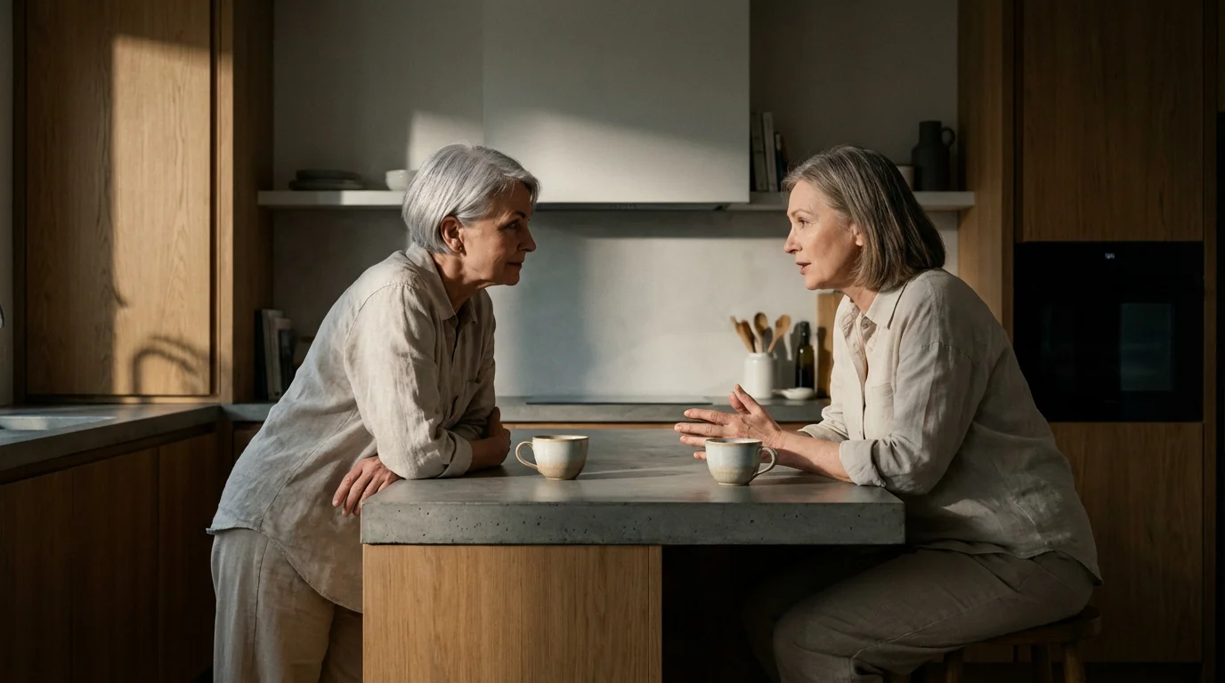 Two senior sisters having a serious, calm conversation in a sunlit modern kitchen.