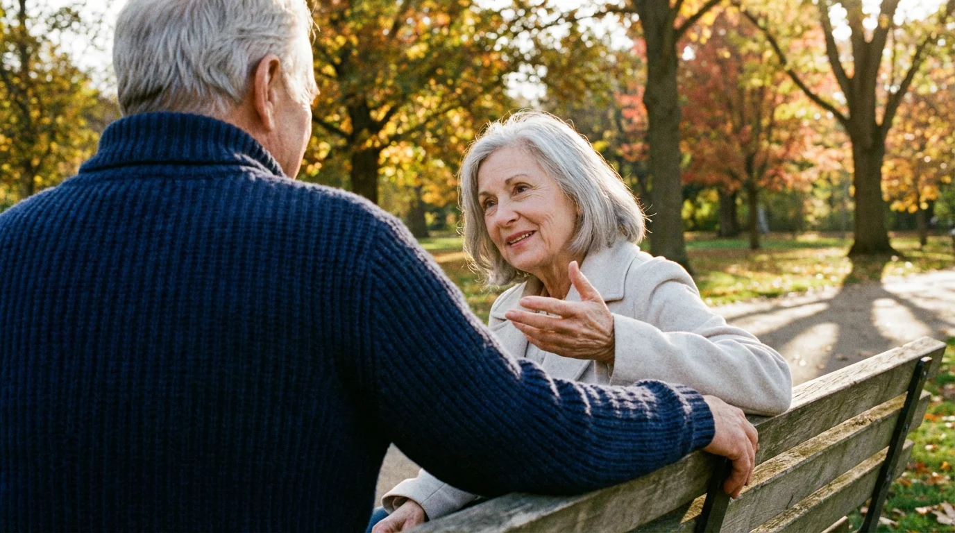 Two seniors talking supportively on a park bench during a warm, golden hour sunset.