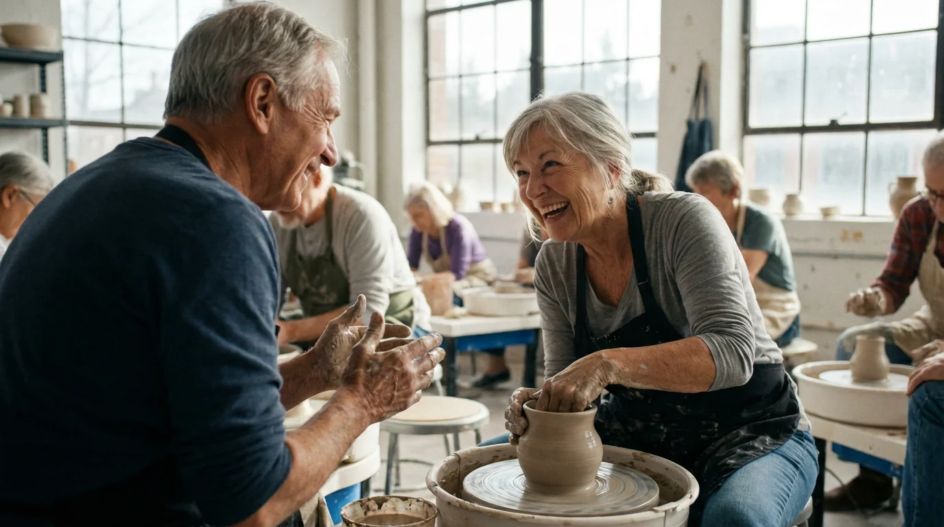 Two smiling seniors enjoying a conversation during a sunlit morning pottery making class.