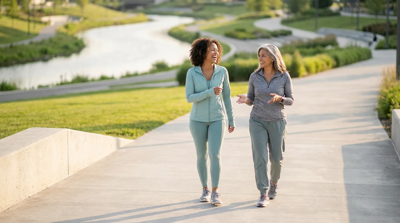 Two women of different ages walking and talking happily together in a park.