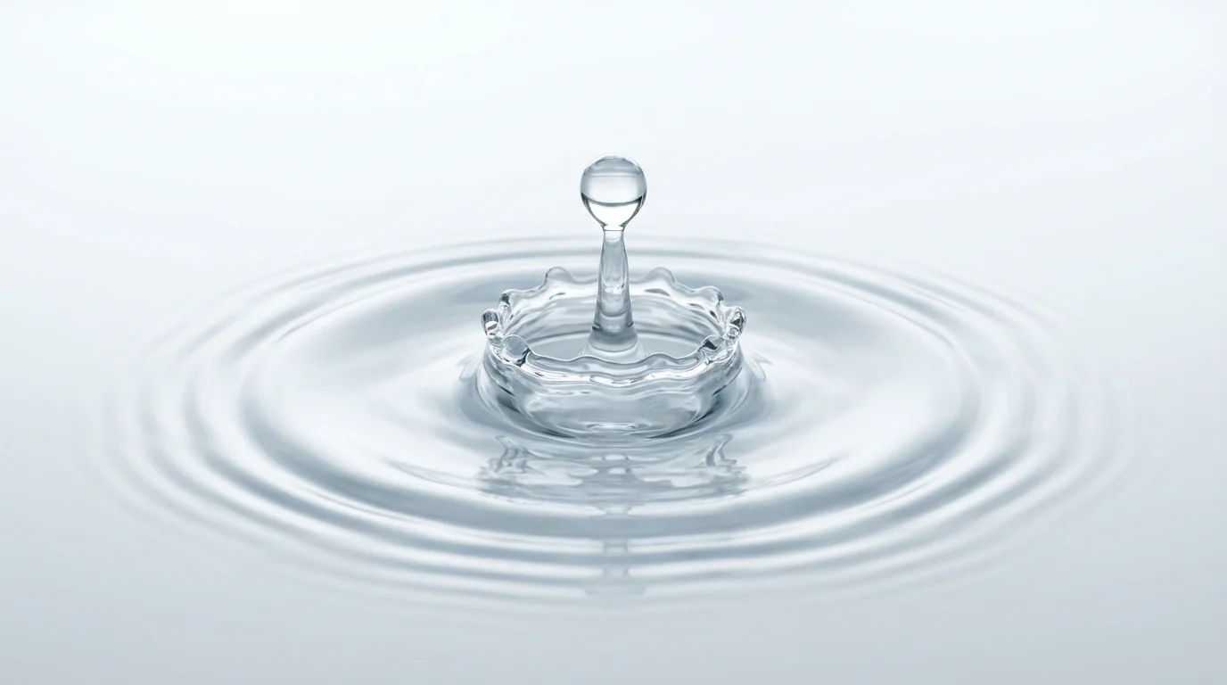 Ultra close-up macro photo of a water droplet hitting a still surface, creating ripples.