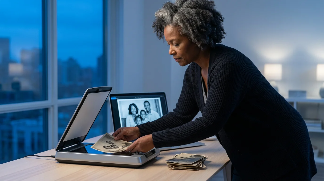 Woman at a desk digitizing old family photographs on a scanner at twilight.