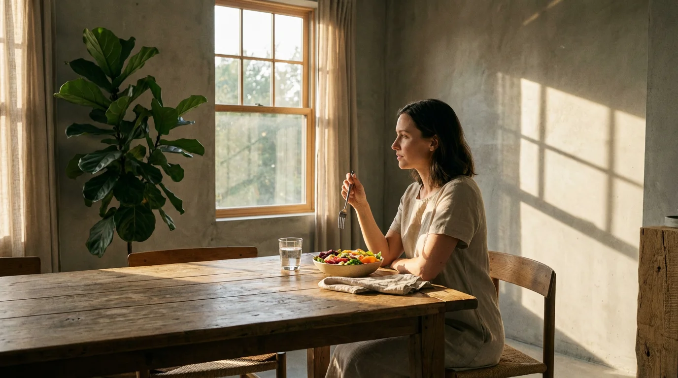 Woman eating a healthy meal alone at a sunlit table in a modern home.