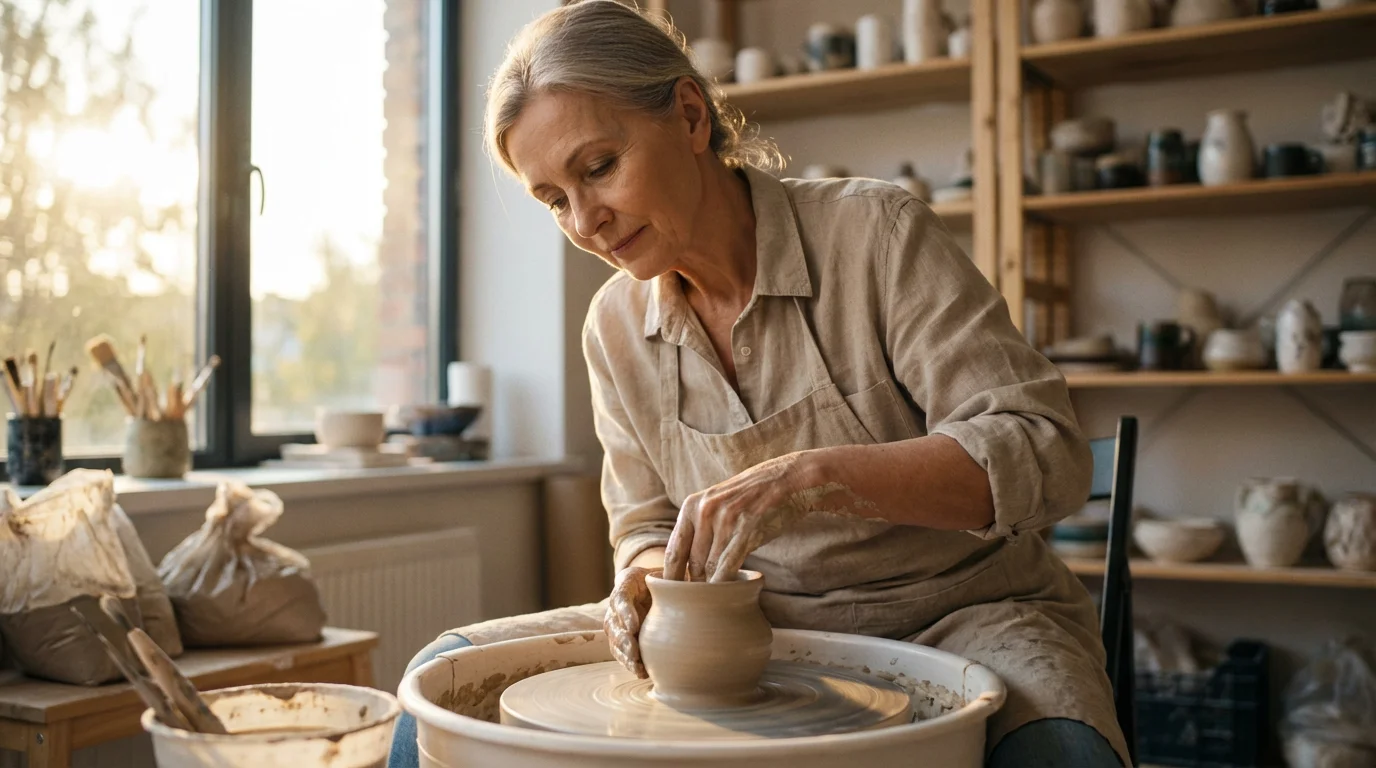 Woman in her 60s enjoying a pottery hobby in a sunlit studio at sunset.