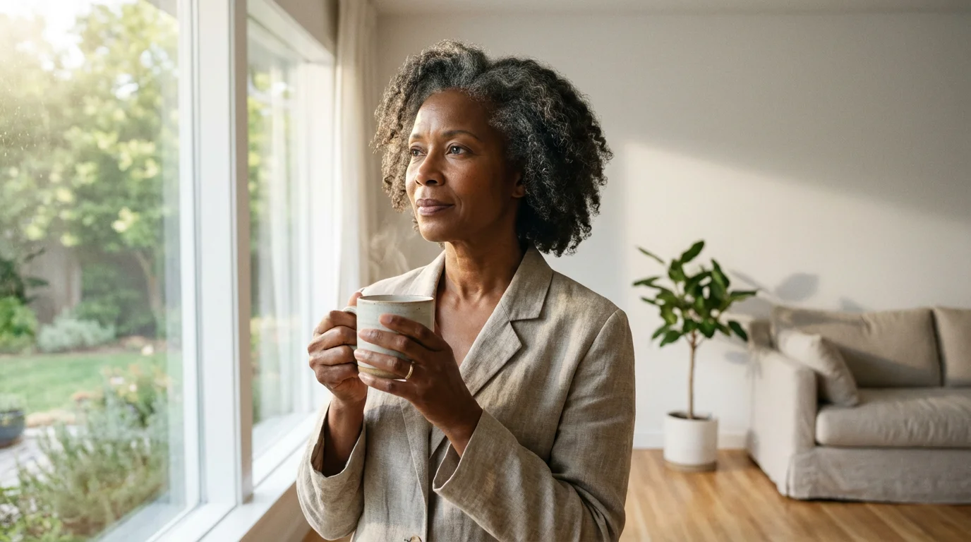 Woman in her 60s thoughtfully looking out a sunny window with a mug.