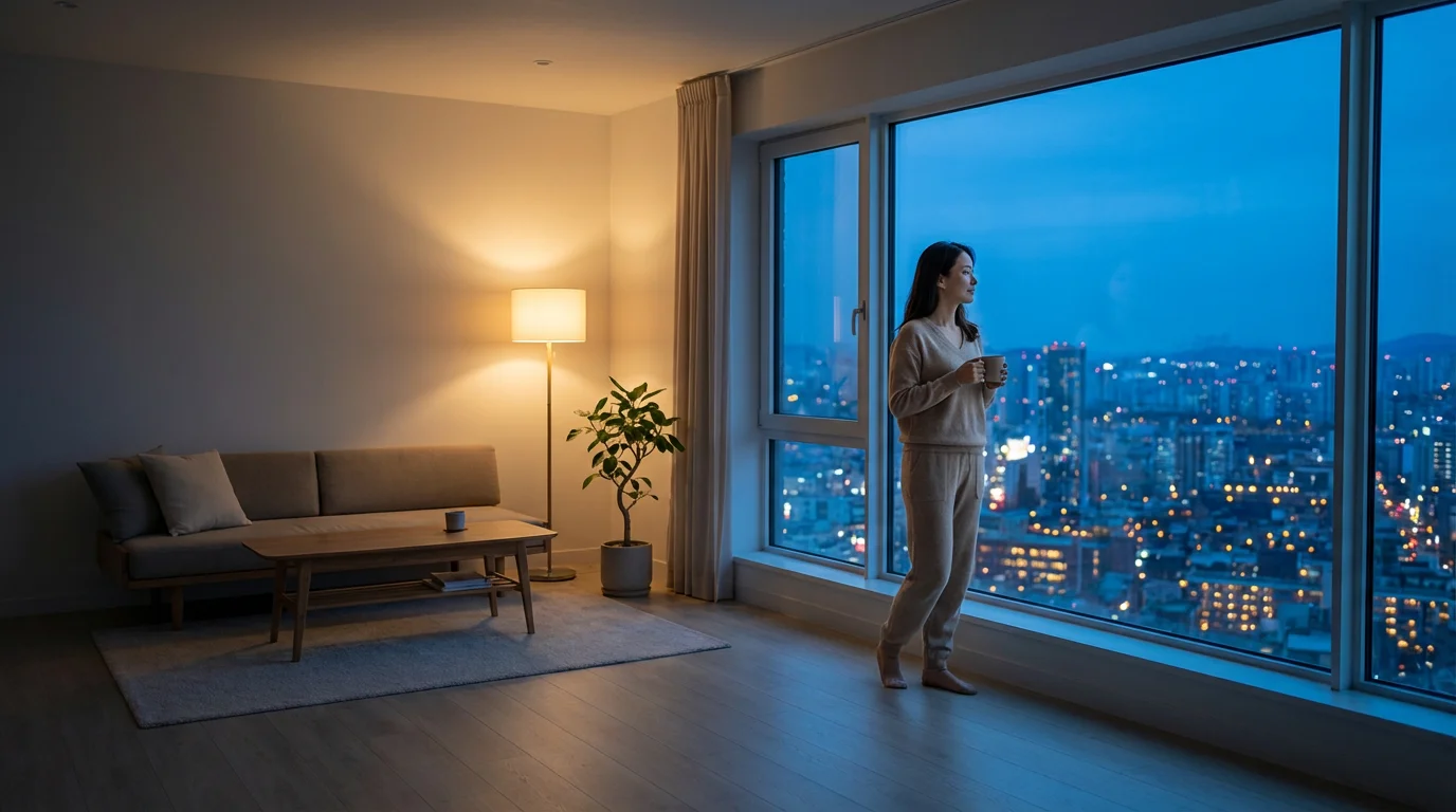 Woman peacefully looking out a large window at a city skyline at dusk.