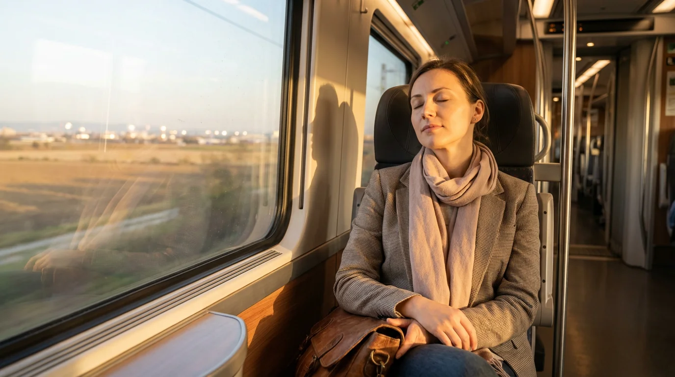 Woman with eyes closed, peacefully breathing while sitting on a train during golden hour.