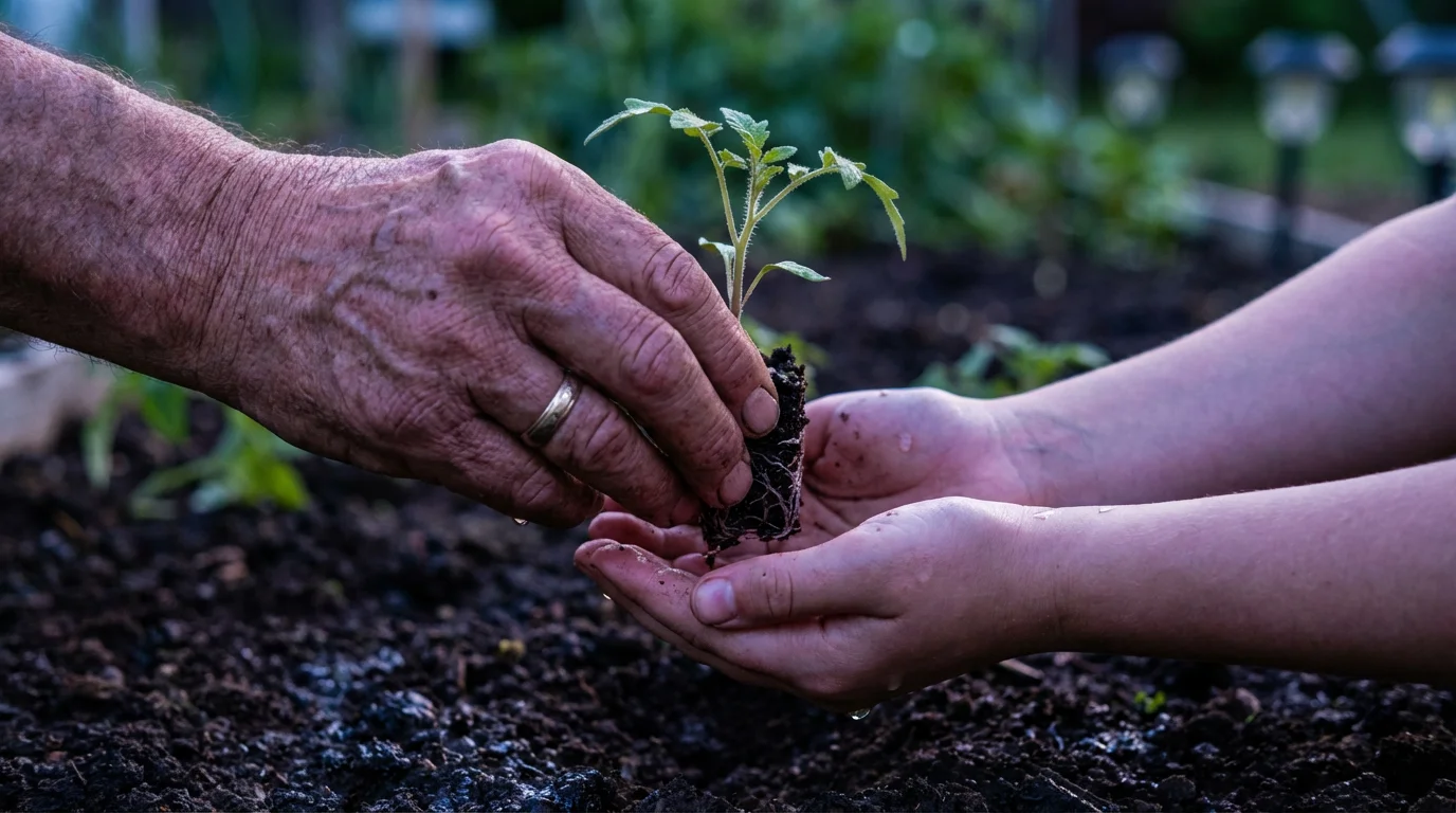 Close-up of an older hand giving a small plant seedling to a younger hand.