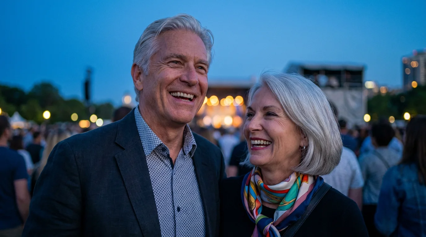 Happy older couple laughing together at an outdoor evening concert in a park.